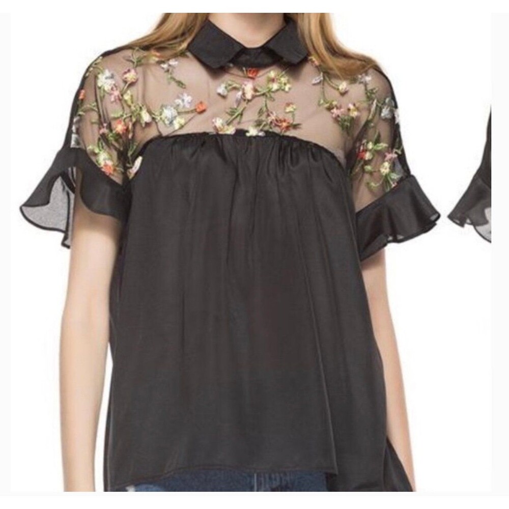 Zanzea Mesh Floral Embroidery Short Sleeve women’s blouse 5XL black shirt top